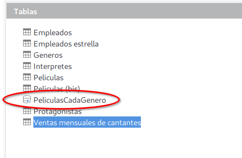 Figura 6.15 Vista creada en la sección Tablas